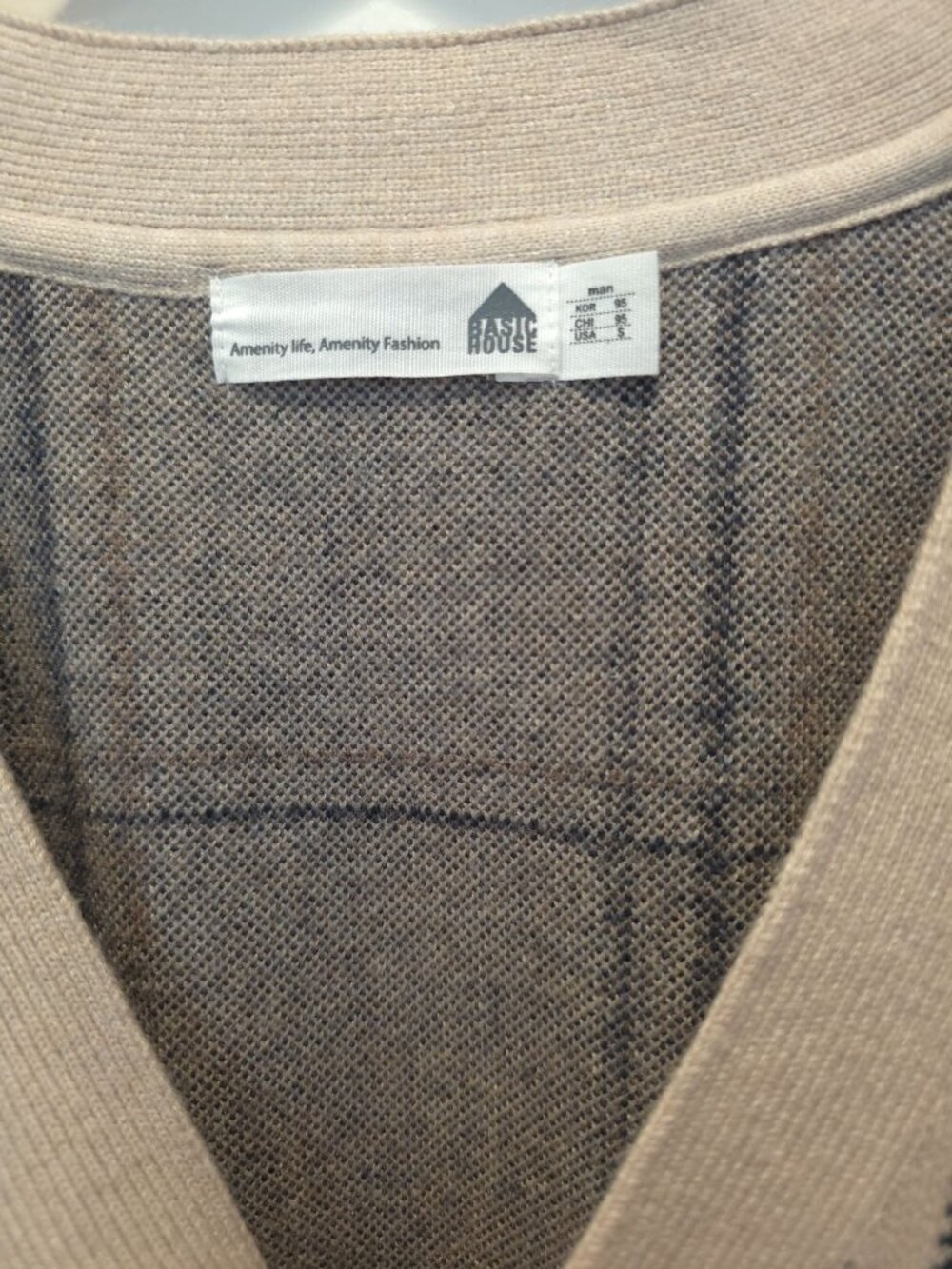 Basic House Beige Plaid Button-Up Wool-Cashmere Blend Cardigan Sweater Sz S - Picture 5 of 7